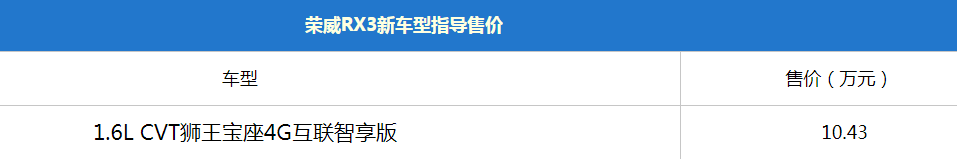 荣威RX3 狮王宝座4G互联智享版正式上市 售10.43万元