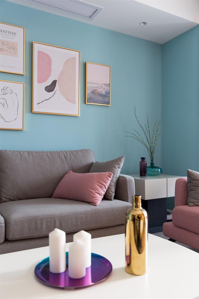 90㎡新房原木北欧风装修天蓝色的墙面视觉效果真不错