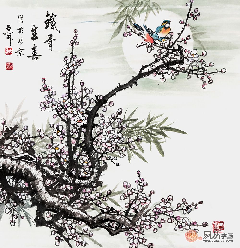 当代著名写意花鸟画家,石开梅花题诗画作品《冬梅》