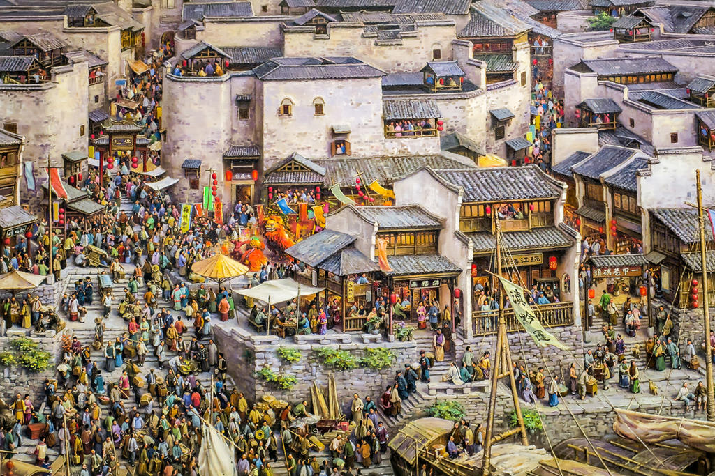 我们走进洪江古商城游客接待服务中心,首先是被一巨幅油画《烟雨洪江