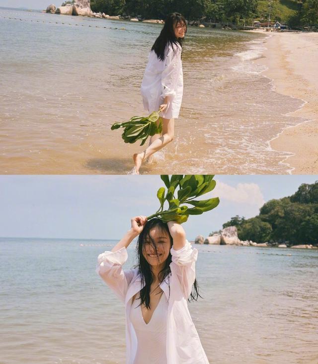 倪妮拍性感写真,海滩大秀火辣身材,泳衣造型美腿抢镜