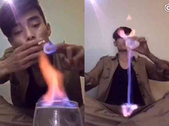 男子耍酷喝火酒,手滑酒洒大火烧到自己!|火酒|裤裆|酒杯_新浪新闻