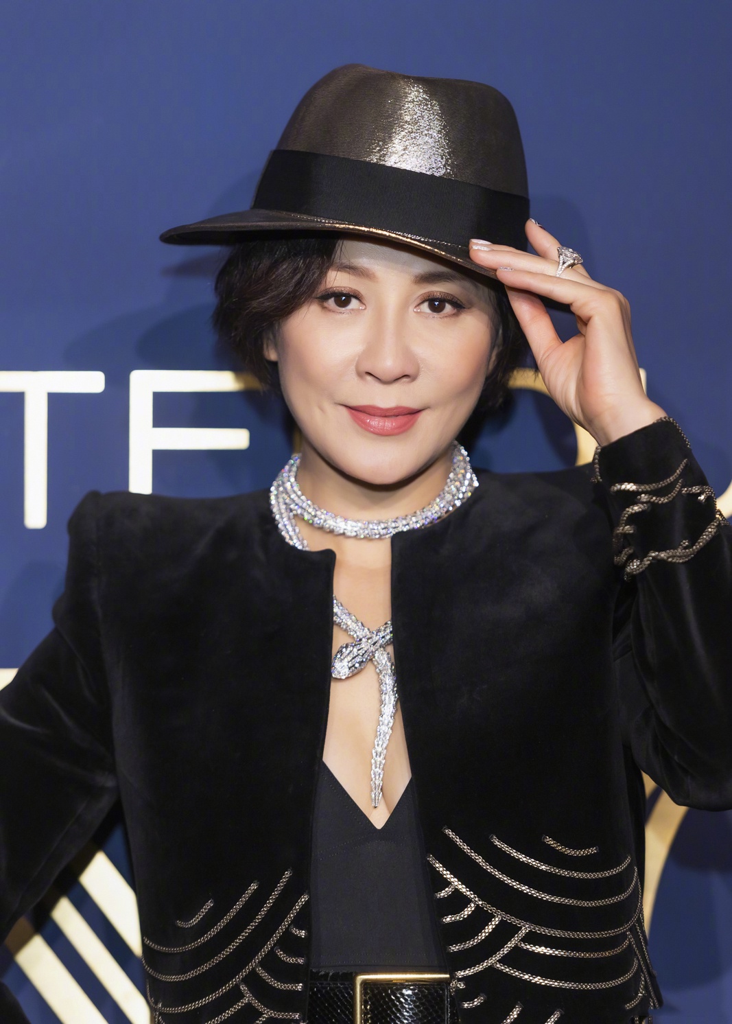 刘嘉玲越老越会玩,前穿深v刺绣贵气逼人,后配灵蛇黑丝大秀美腿