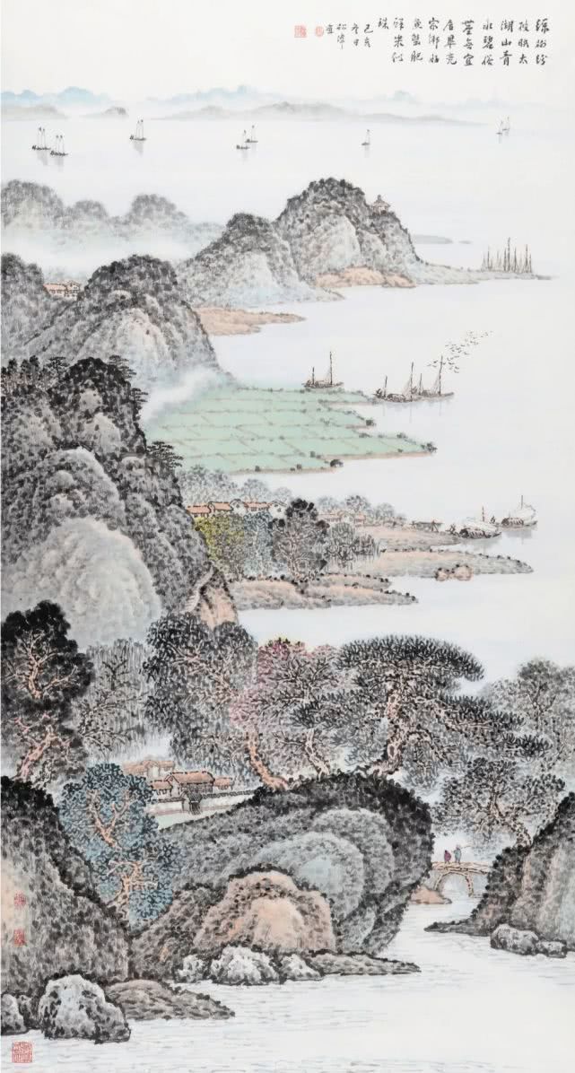 费松伟《太湖》180×96cm 中国画朱耕原《归燕不识旧时梁》181×96cm