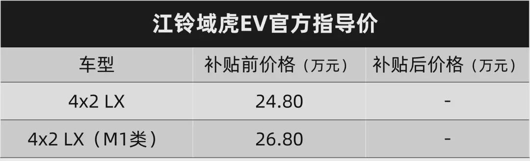 电动皮卡来了，江铃域虎EV补贴前售24.8万元起