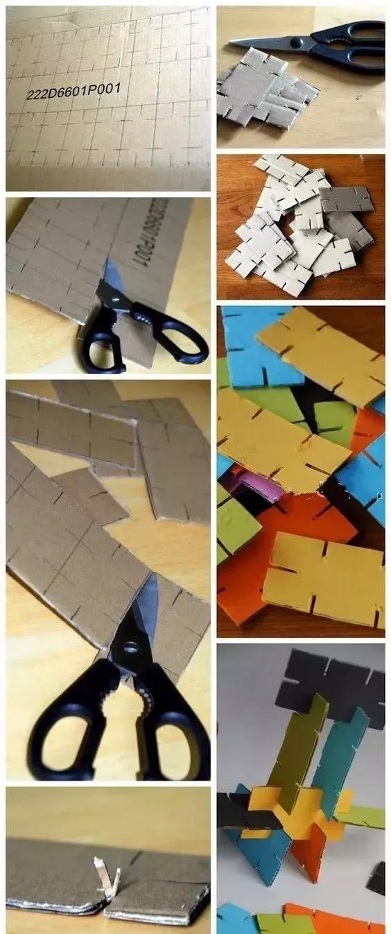 对于体积比较小的纸盒,可以用彩纸进行包装,变成自制的积木,小朋友就