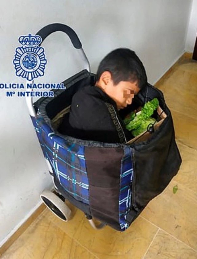 海关警察发现一辆堆满蔬菜的购物车超重，里面竟藏了个10岁男孩