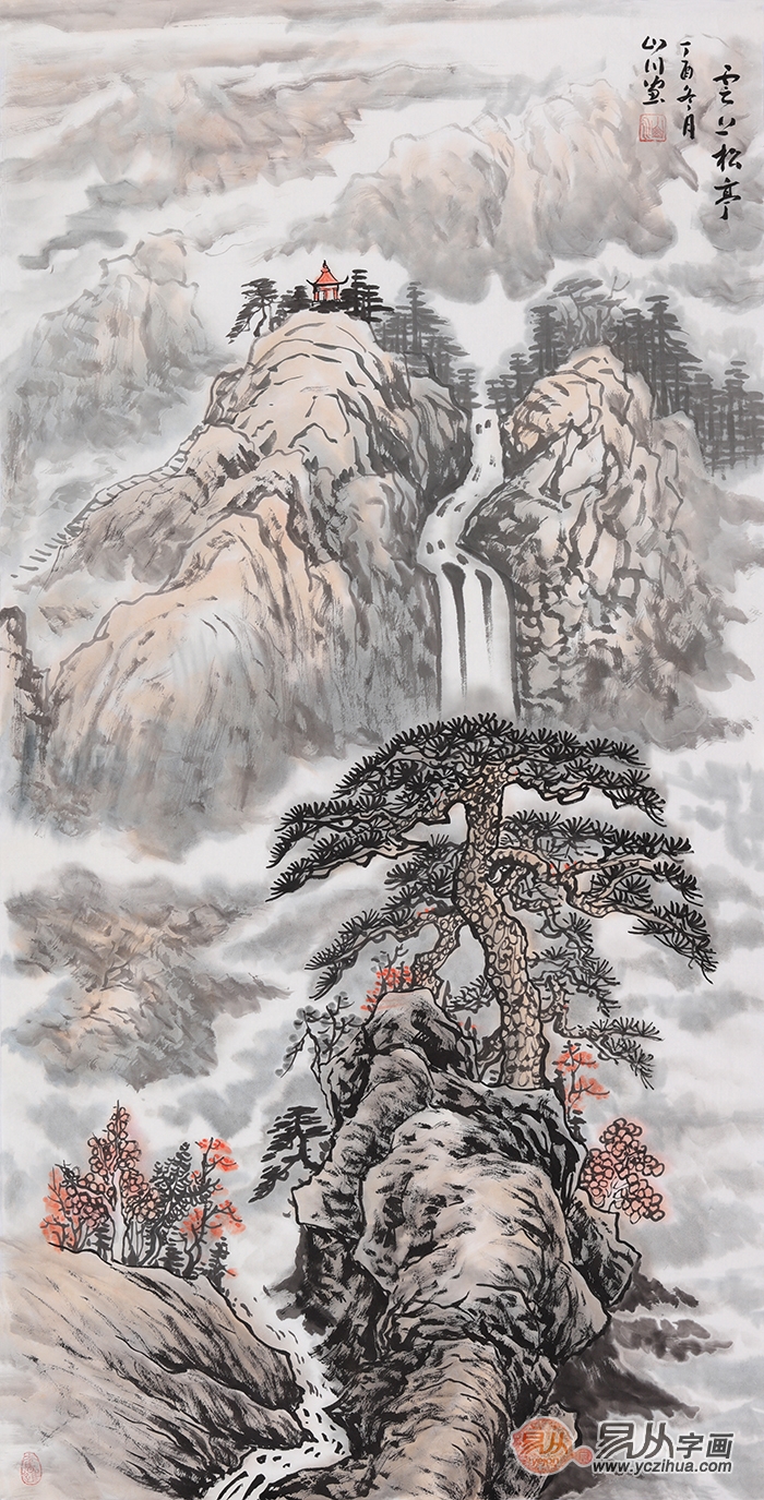 山川新作四尺竖幅山水画《云上松亭》【适合字画收藏的画家】山川画家