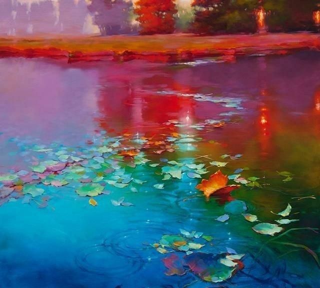 油画作品,倒影中的风景五光十色,太美了!