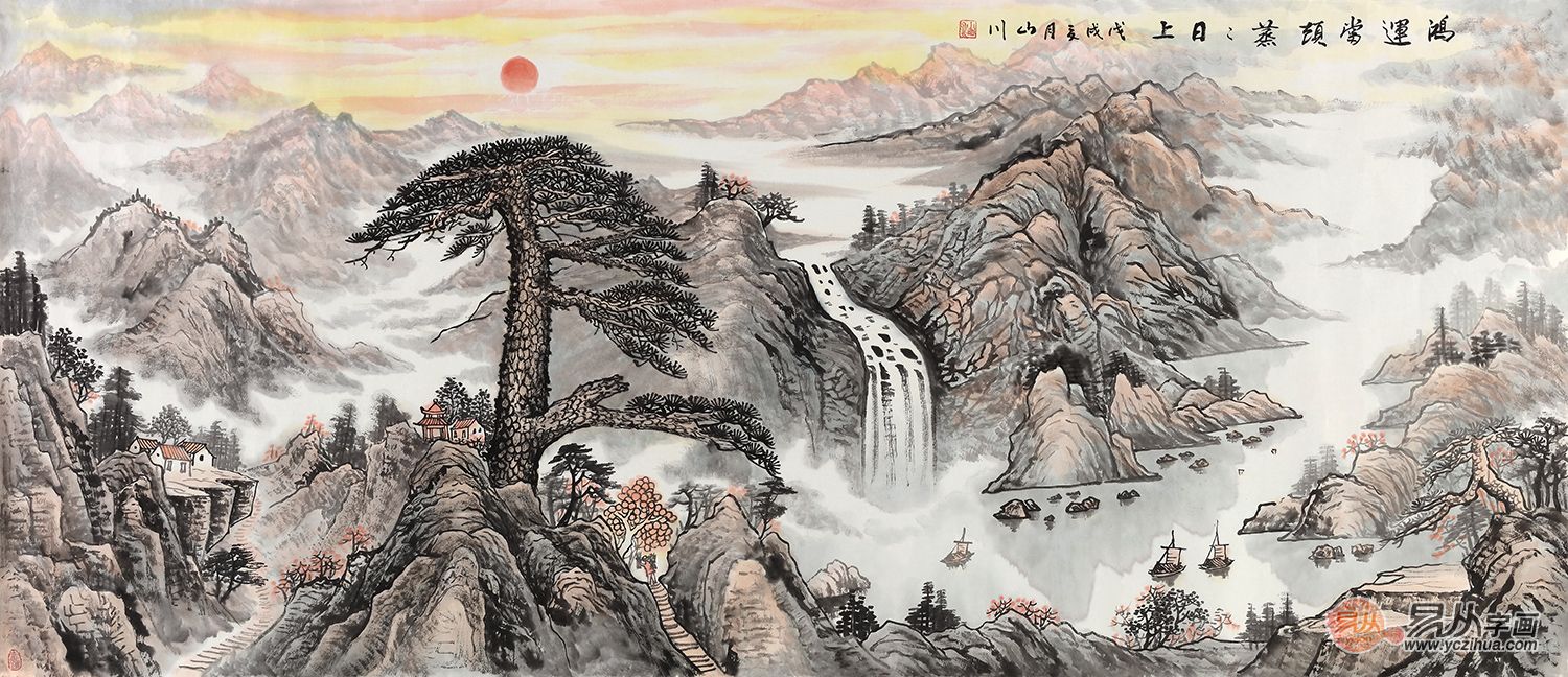 招财迎客松 画家山川新品山水画力作《鸿运当头蒸蒸日上》