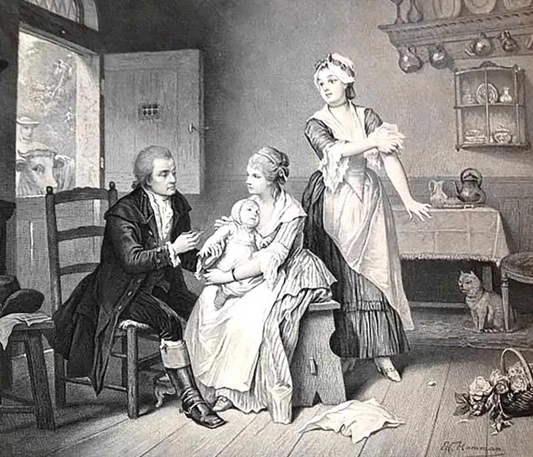 英国乡村医生爱德华 · 琴纳发现给奶牛挤奶的妇人从不患天花,由此