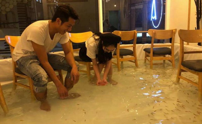 顾客进餐厅要脱鞋赤脚,因为餐厅地板上有20公分水,水里养着鱼