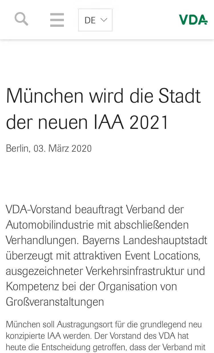 德国汽车工业协会：法兰克福车展取消 2021年更名为慕尼黑车展