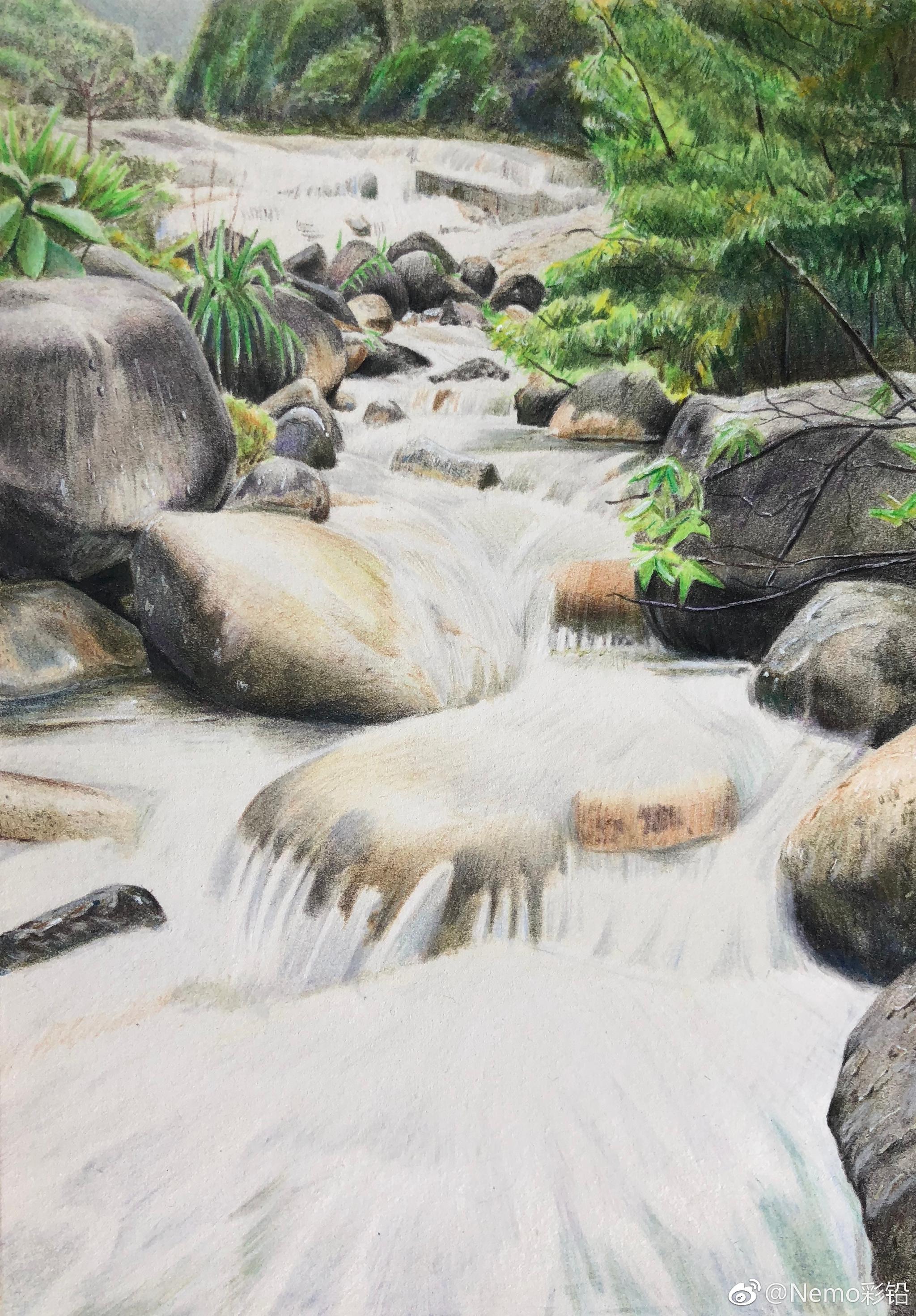 彩铅场景溪谷投稿nemo彩铅