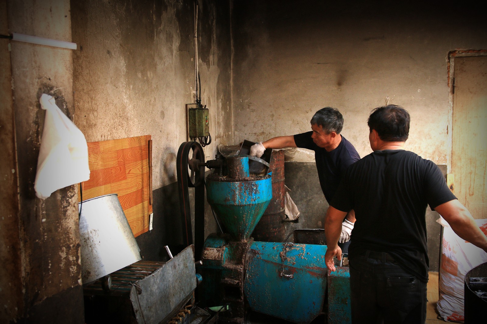 农村里的老油坊现榨油,村民提数只大桶买油