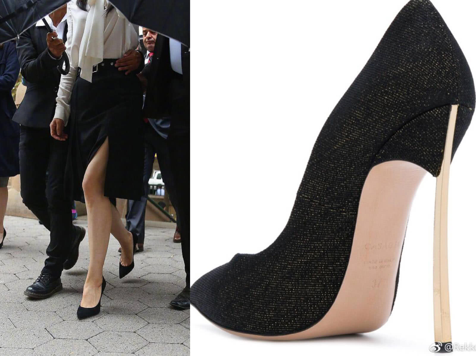 力量感的一身造型亮相,飘带衬衣搭配窄步裙,脚踩casadei的刀锋高跟鞋