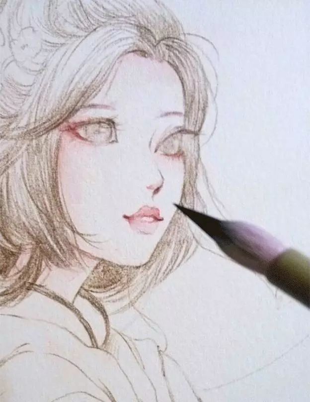 古风水彩画 3,晕染嘴巴的颜色,下"觜唇部位可适当留白,鼻底部分颜色不