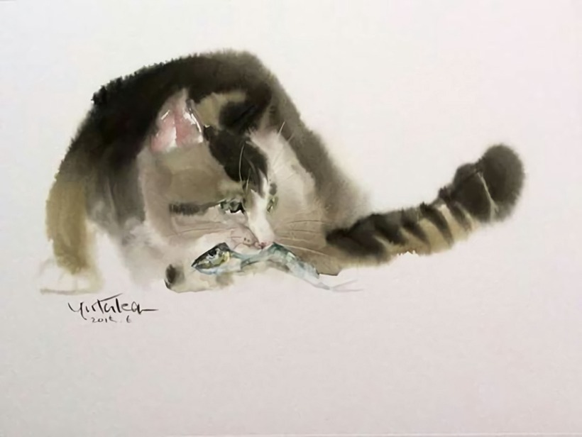 日本画家murakamiyutaka的水墨画喵咪超可爱的ω