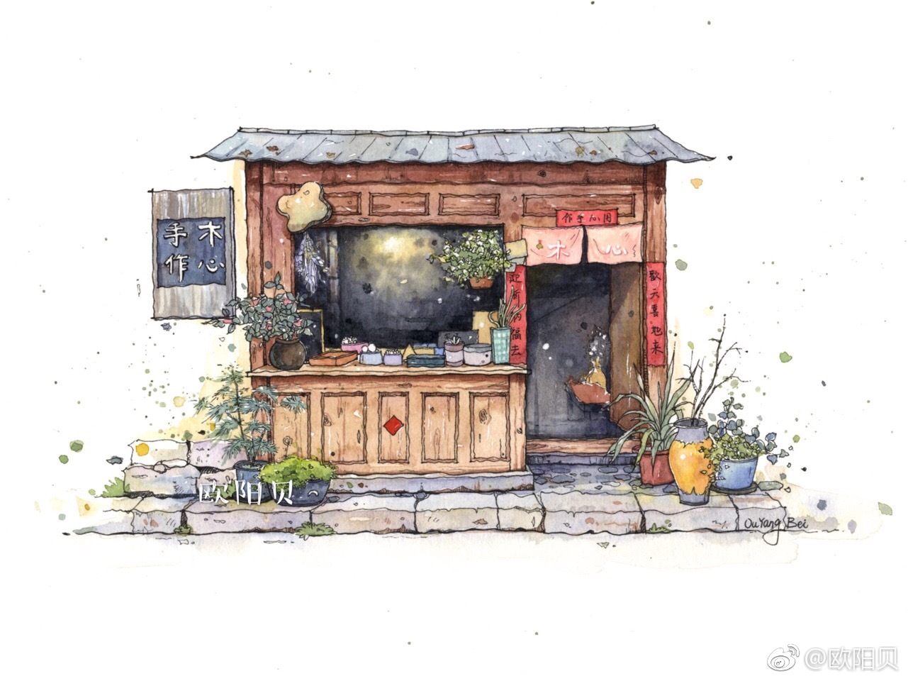 生活和旅途中遇到的小店用钢笔淡彩记录下来作者