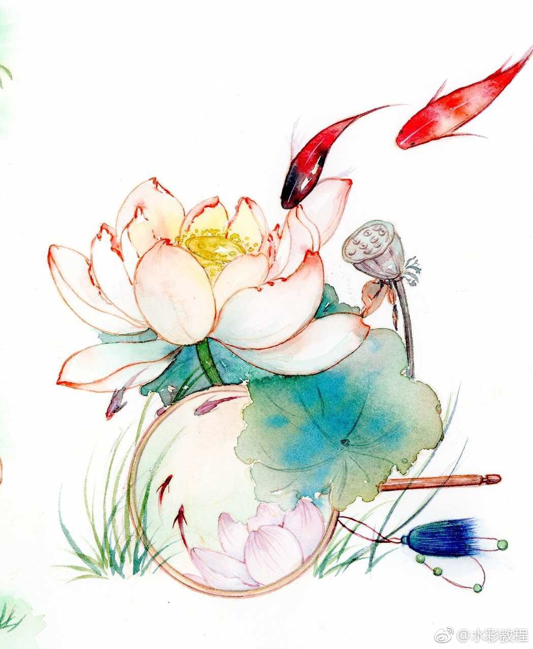 妖无格池上芙蕖净少情唯有牡丹真国色花开时节动京城一组古风水彩手绘