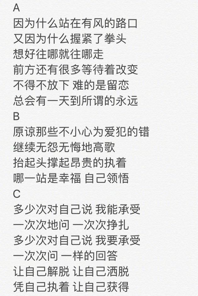 陈羽凡在歌词中写道:"原谅那些不小心为爱犯的错,继续无怨无悔的高歌.