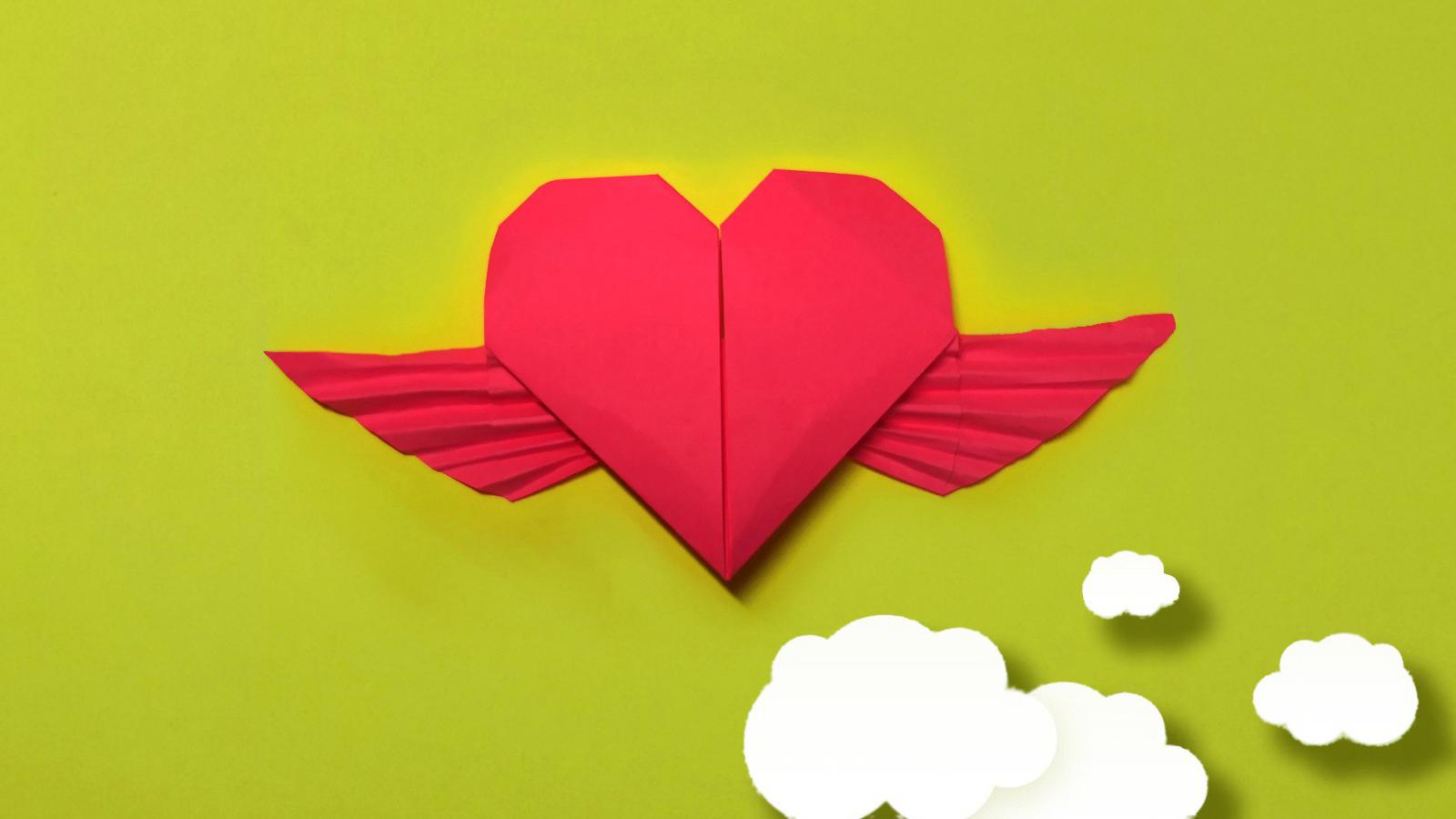 可爱的天使之心折纸带翅膀的心形折法非常浪漫的折纸作品