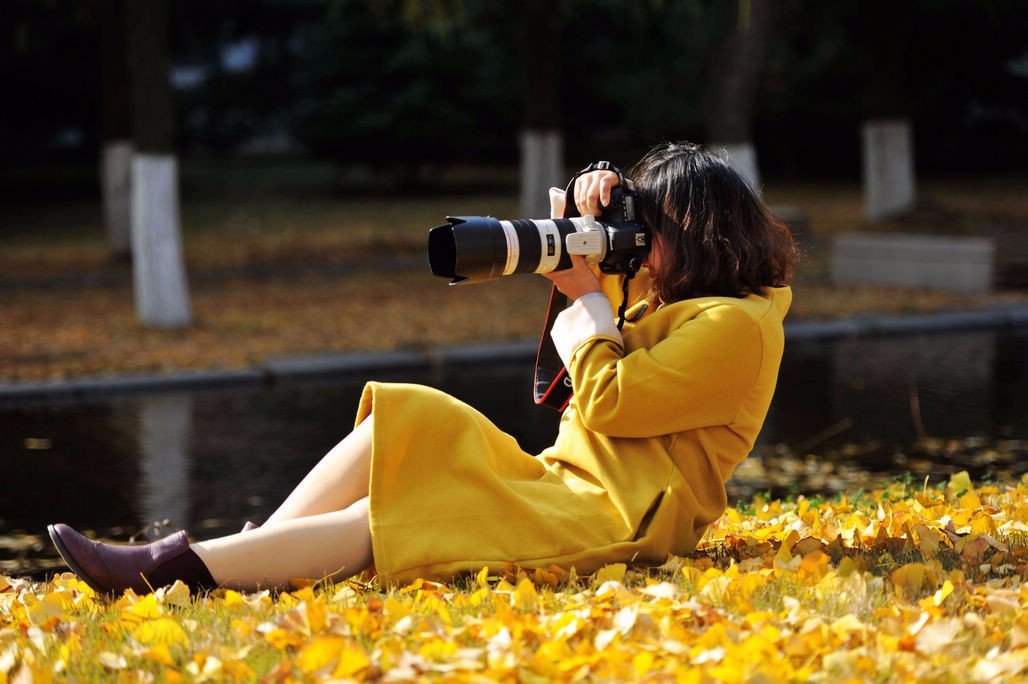 初冬是拍摄落叶的季节 摄影师姿势很搞笑 美女会主动加微信