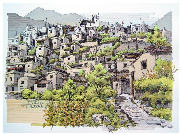 马克笔村落建筑手绘|夏克梁