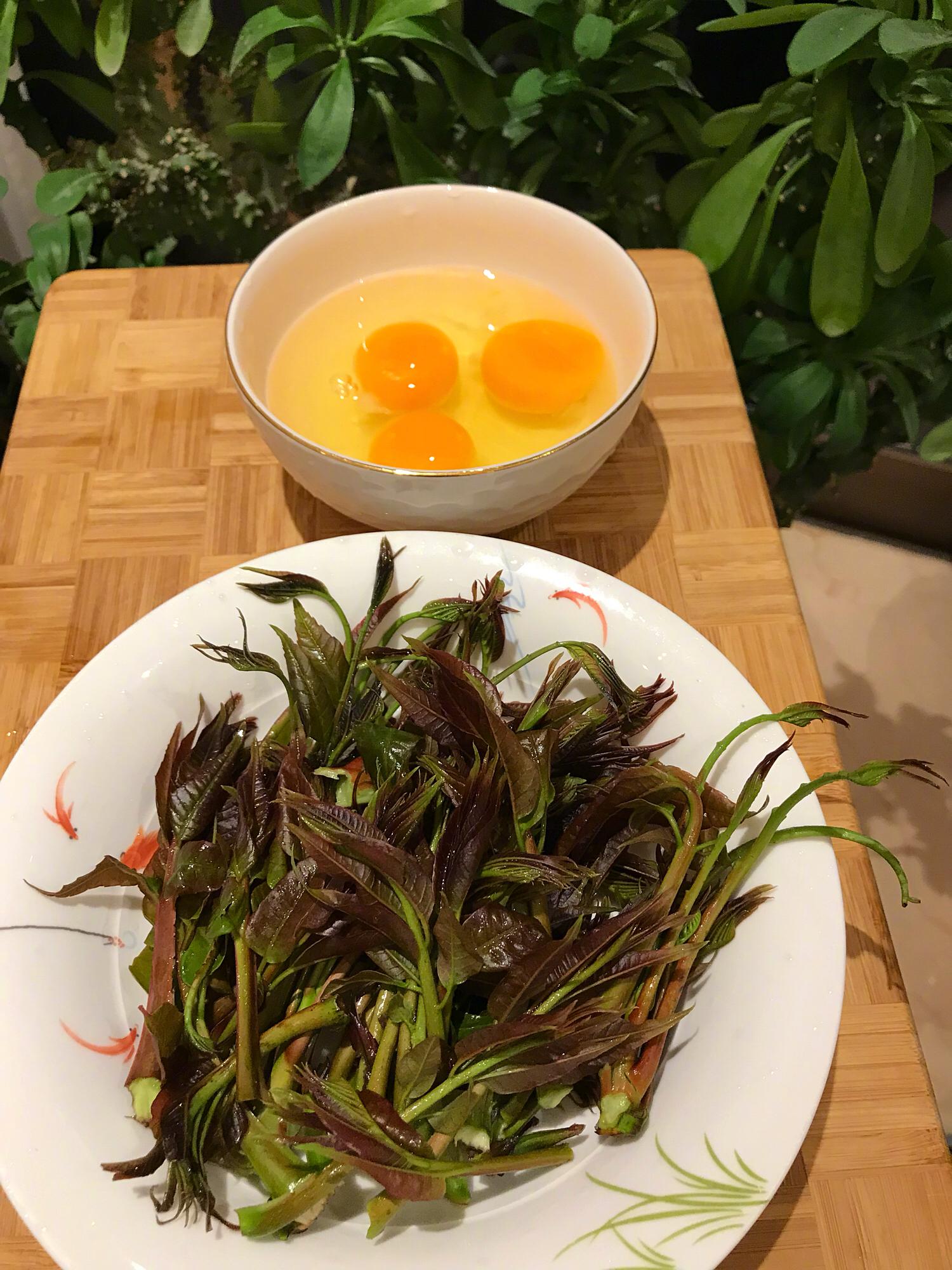 摘了新鲜的香椿炒鸡蛋吃,幸福!