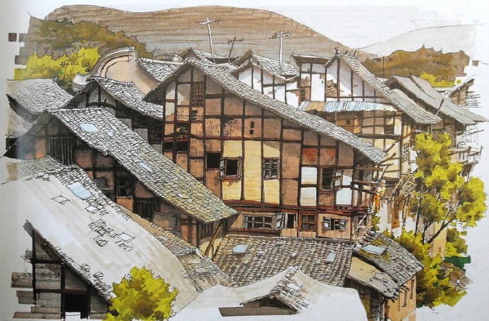 马克笔村落建筑手绘︱夏克梁