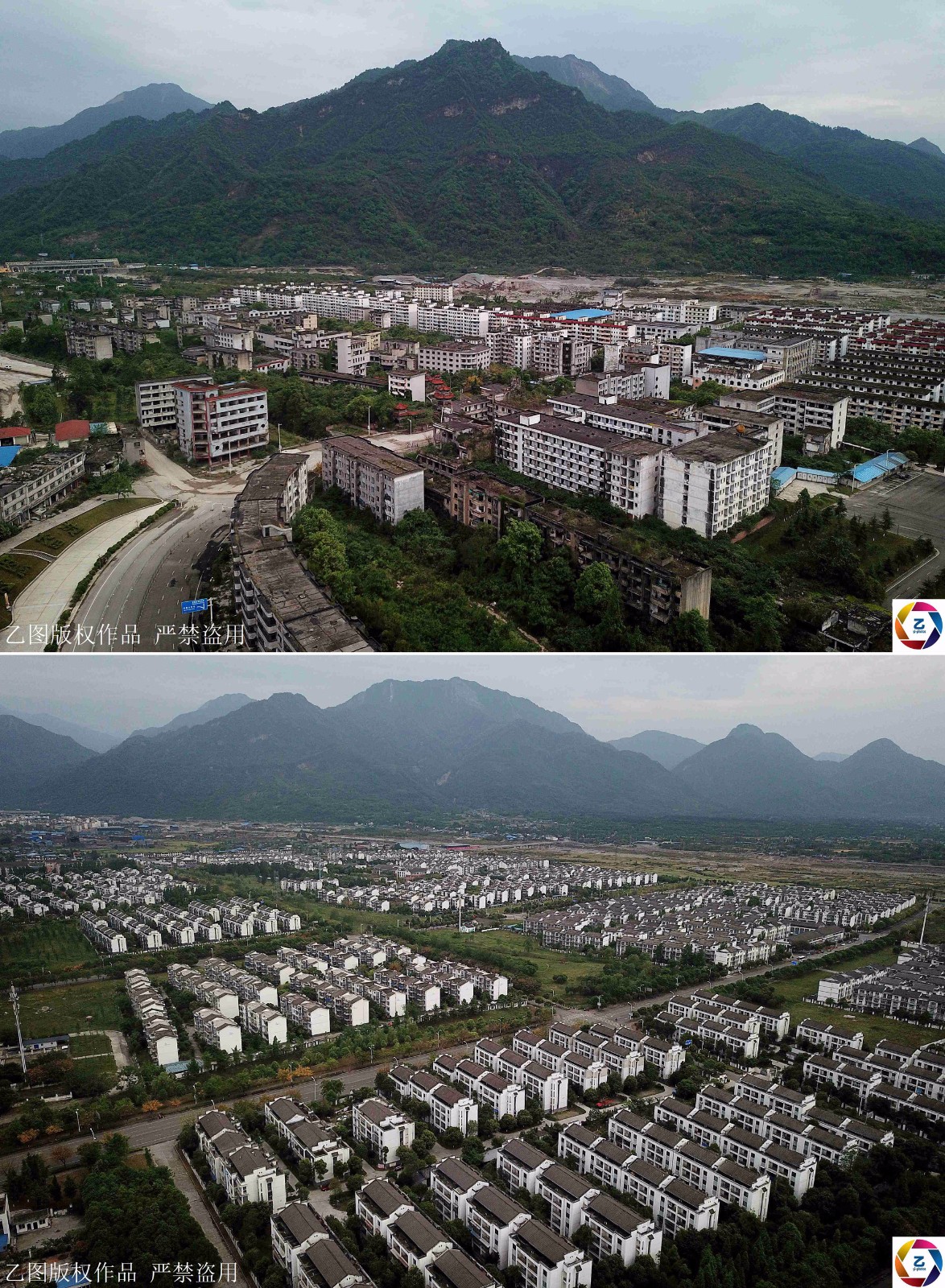 十年后鸟瞰汉旺震区依然心痛,不远处新镇早已车水马龙