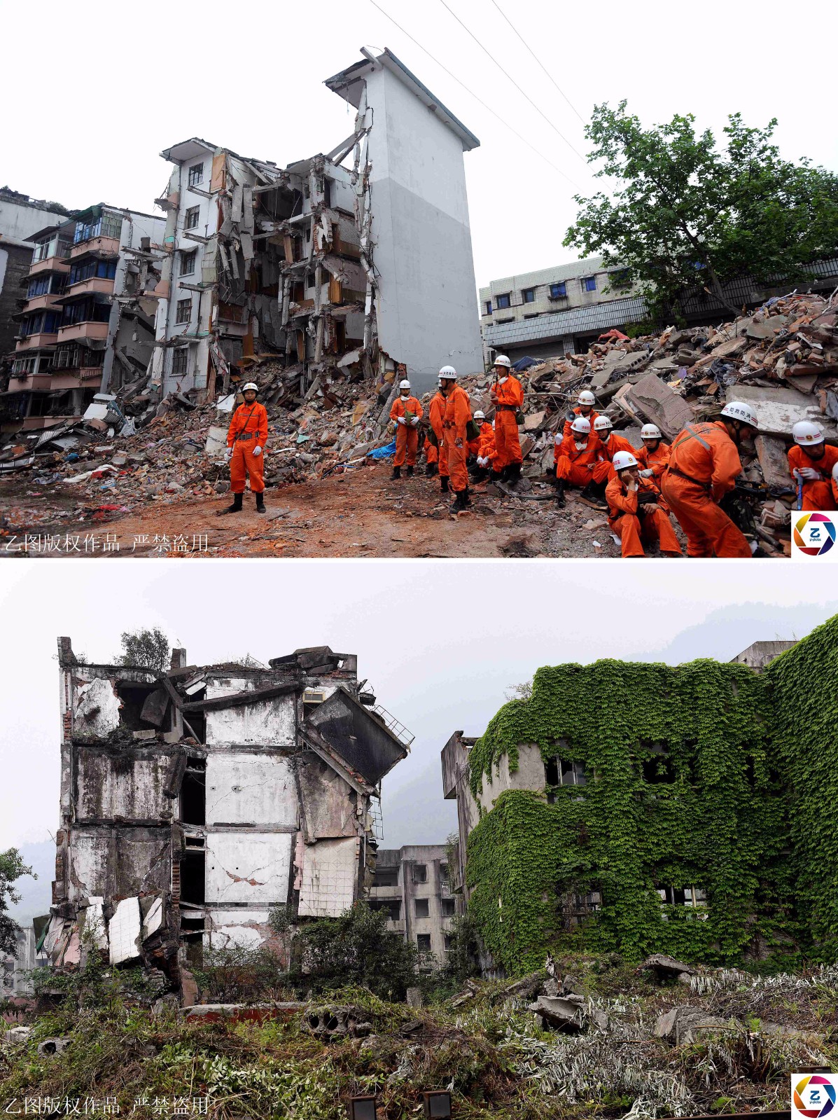 图为地震发生后,消防人员在汉旺救援.如今废墟已经被爬山虎包围.