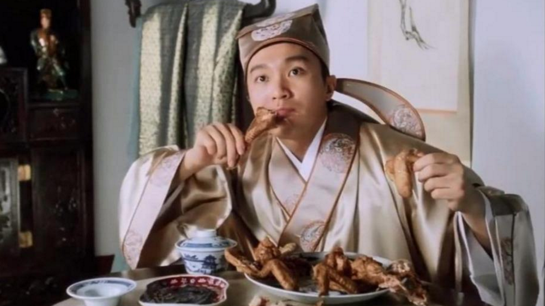 《唐伯虎点秋香》周星驰吃鸡翅膀,普通话日语粤语三版对比