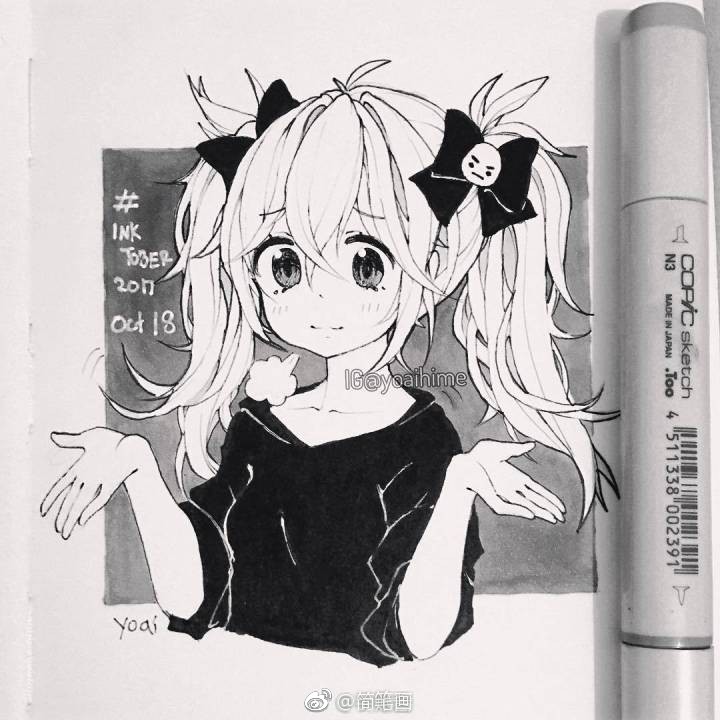 手绘黑白动漫女孩线稿(ins:yoaihime) 67手绘黑白动