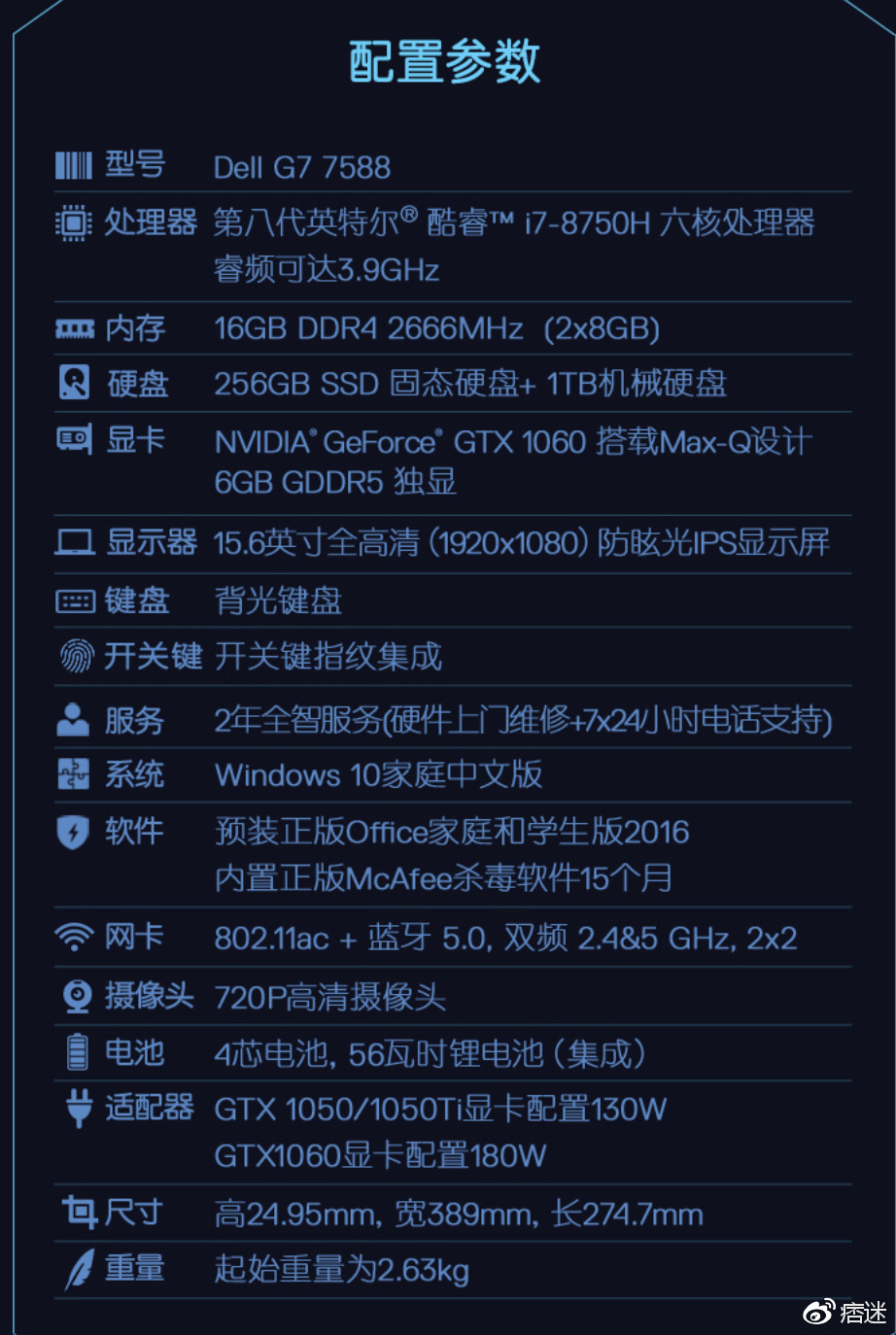 下面是具体的参数可以看一下戴尔全新g7游戏本(白色),搭载第八代智能