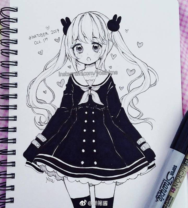 手绘黑白动漫女孩线稿(ins:yoaihime)