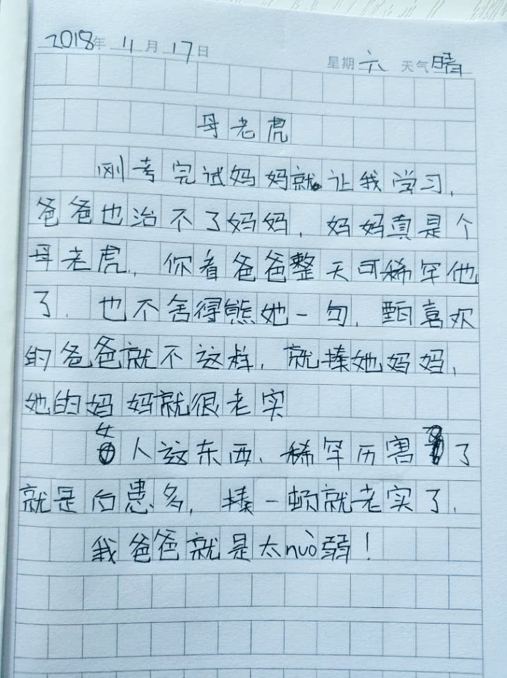 小学生奇葩日记:妈妈就是"母老虎",爸爸什么都不敢做,懦弱