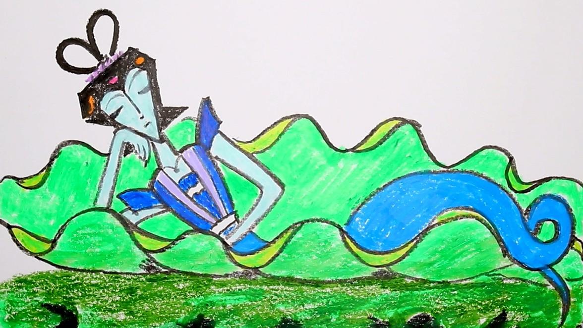 教小朋友用油画棒画葫芦娃中的鳄鱼头领,高鳍红剑作品