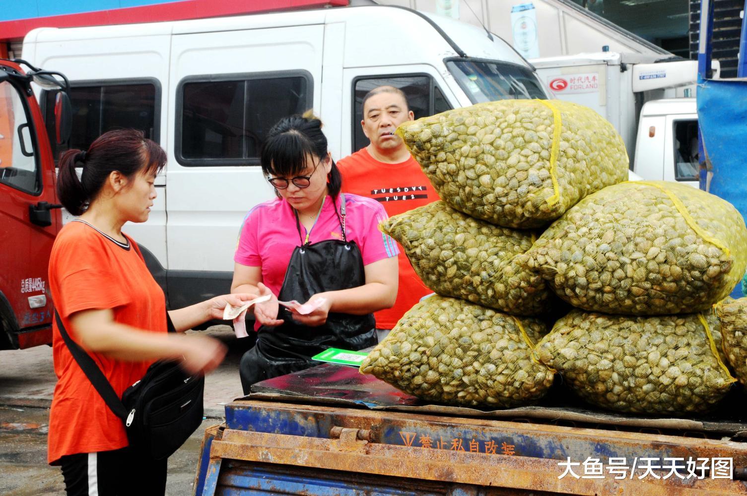 青岛早市鲜活蛎虾70元一斤 梭子蟹35 "桑拿天"海鲜买卖生意红火