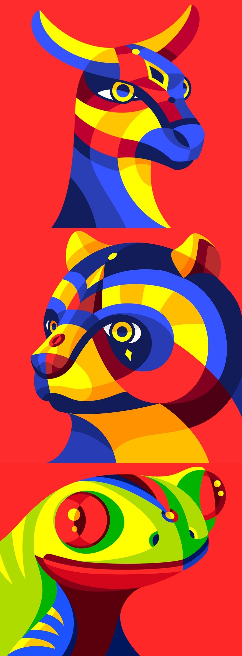 carnimals色彩动物插画-旨在展示受巴兰基亚狂欢节面具启发的动物.