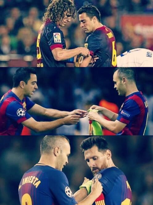 从普约尔到哈维,从哈维到伊涅斯塔,从伊涅斯塔到梅西,巴萨队长袖标