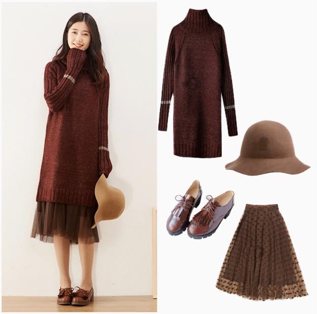 这款直筒中长款针织衫,选择搭配中长款的半裙,今年特流行这种叠穿的穿