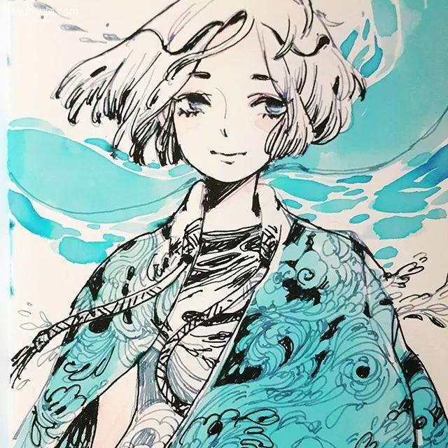 手绘美妙安静的水彩动漫插画