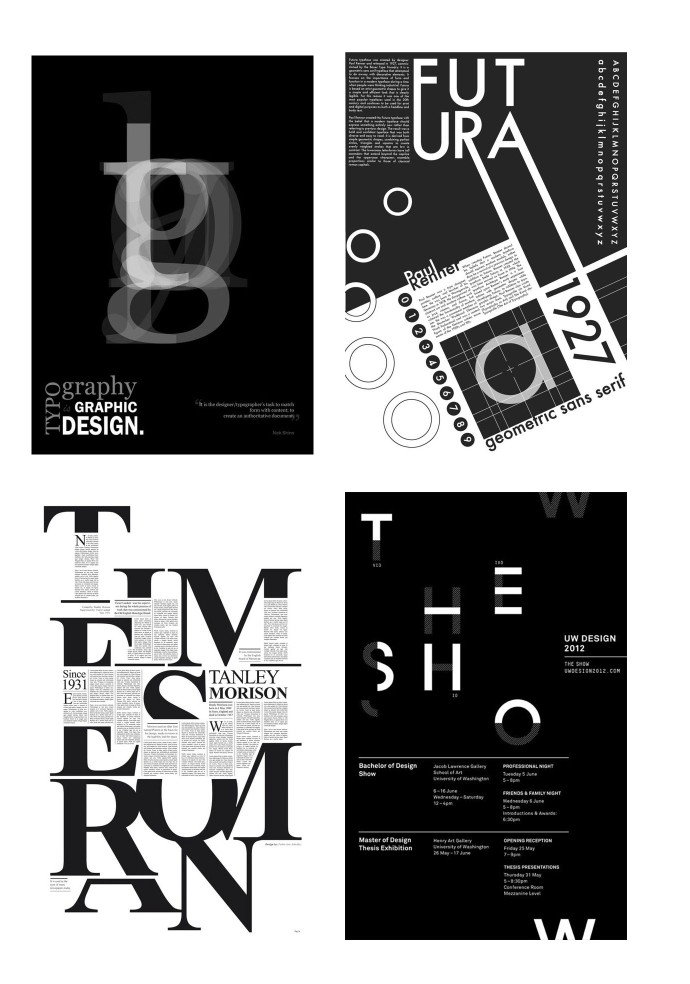 分享一组海报,黑白色,通过字体的粗细对比,排列位次造成视觉冲击