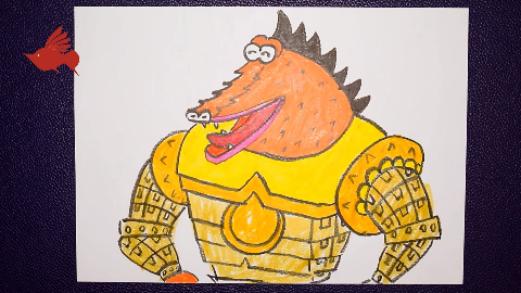 教小朋友用油画棒画葫芦娃中的鳄鱼头领,高鳍红剑作品