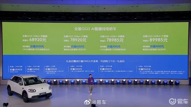 奇瑞全新QQ3预售6.892万元起，纯电续航最高420km