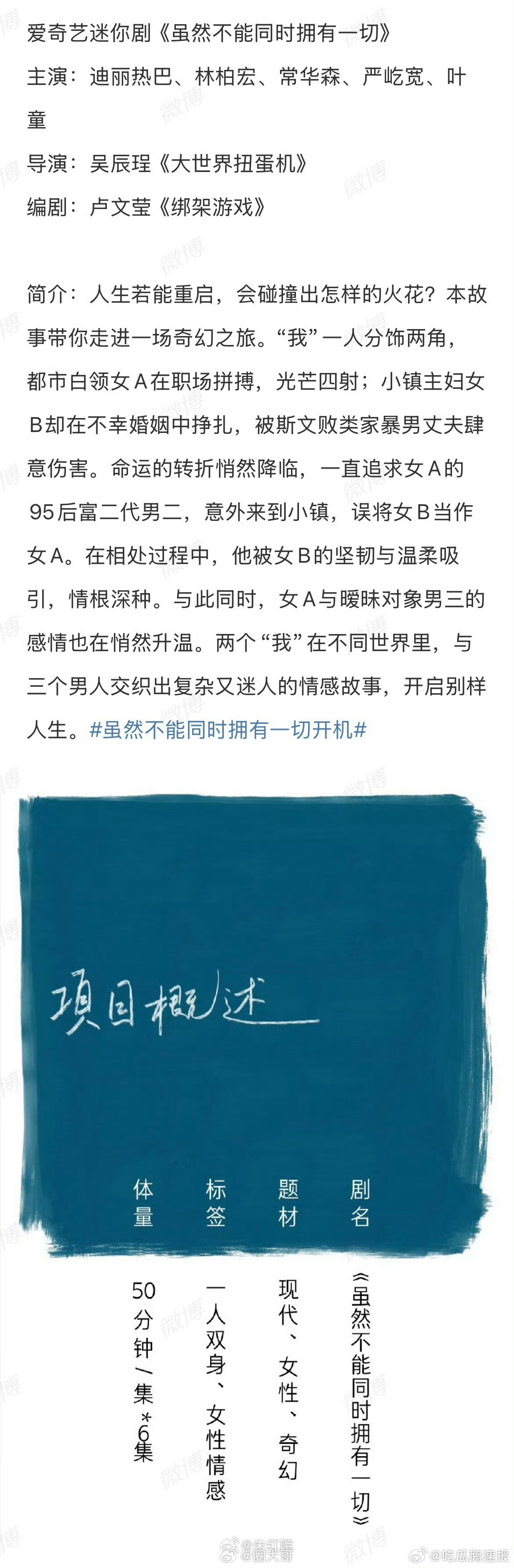 迪丽热巴首部迷你剧《虽然不能同时拥有一切》官宣阵容