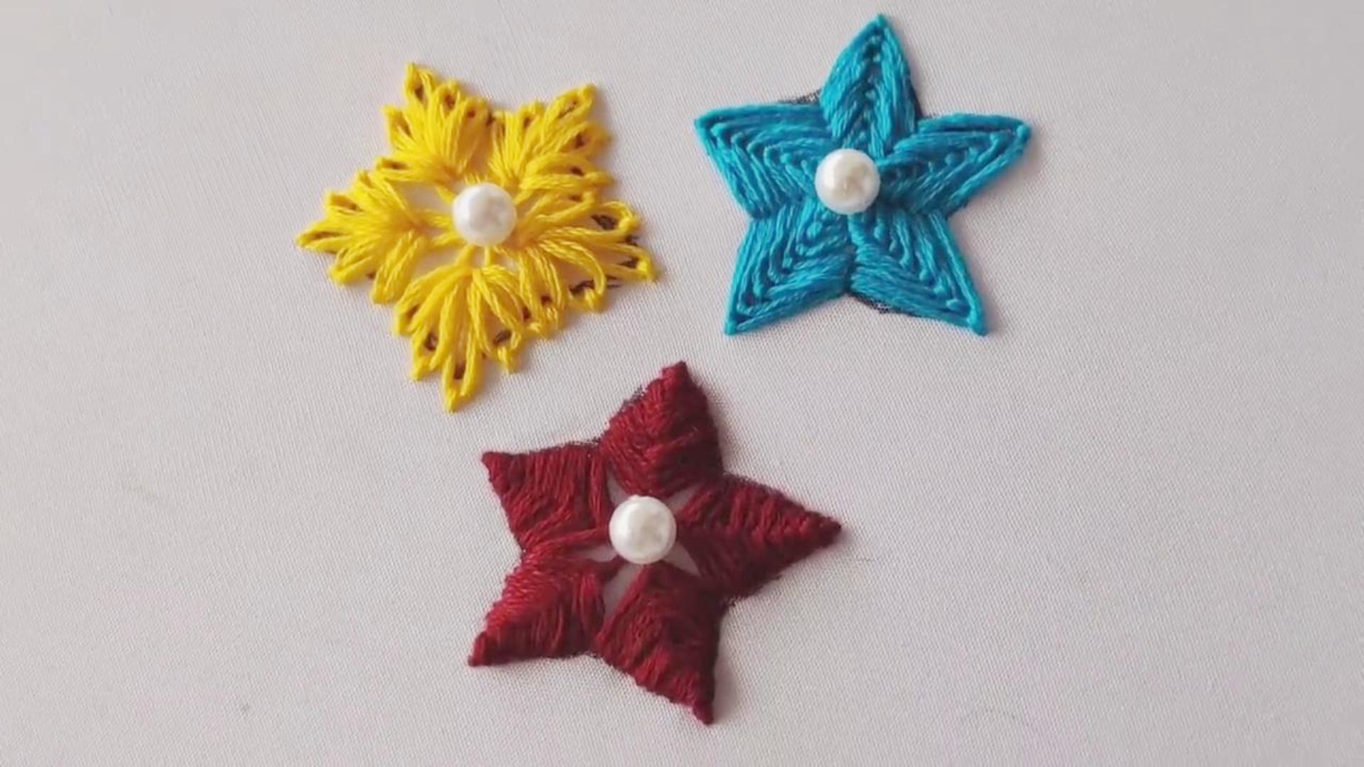 手工刺绣教程,五角星图案的3种不同绣法!