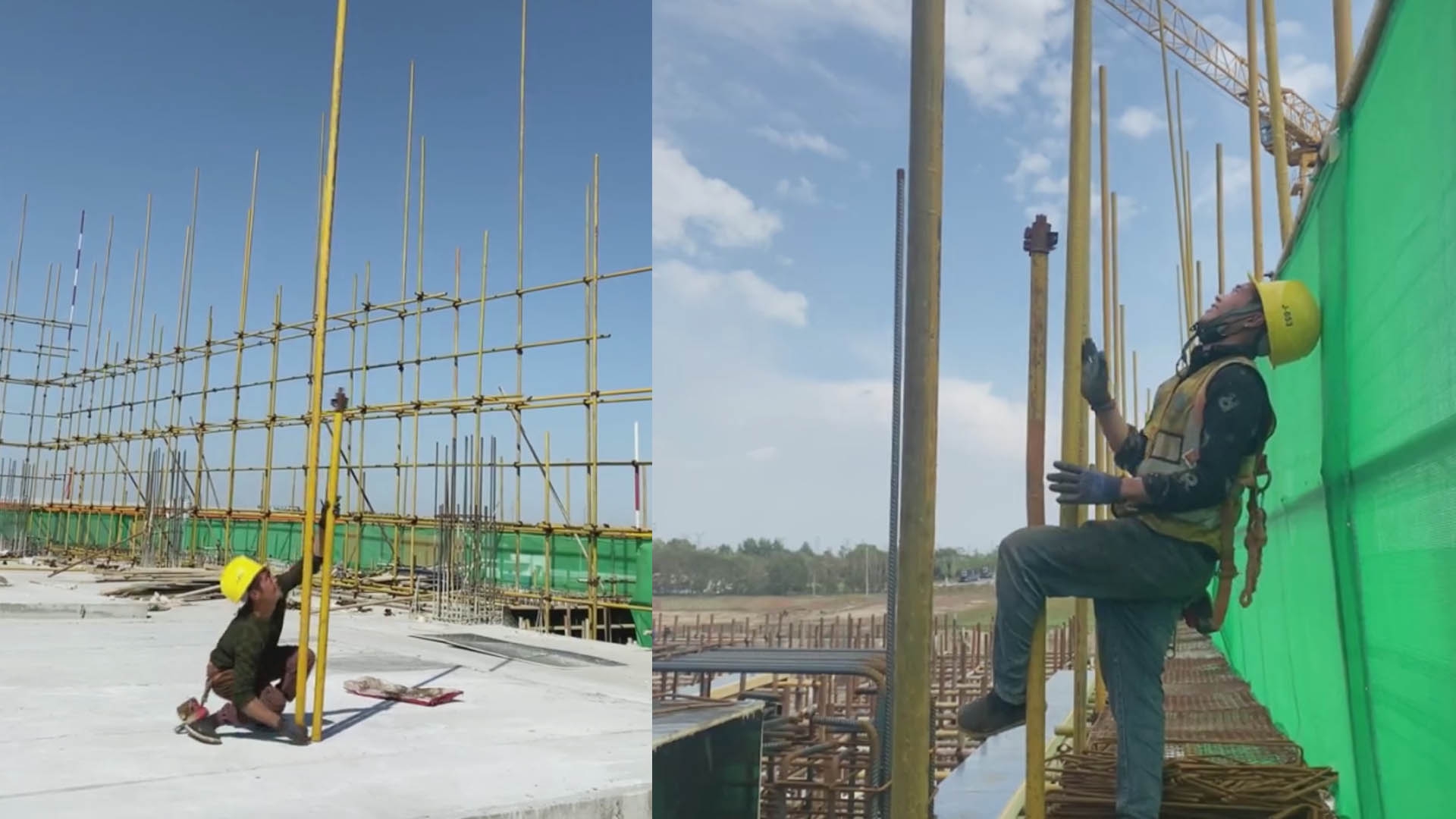 架子工单手举6米钢管,还能快速上紧螺丝,连环动作如魔术