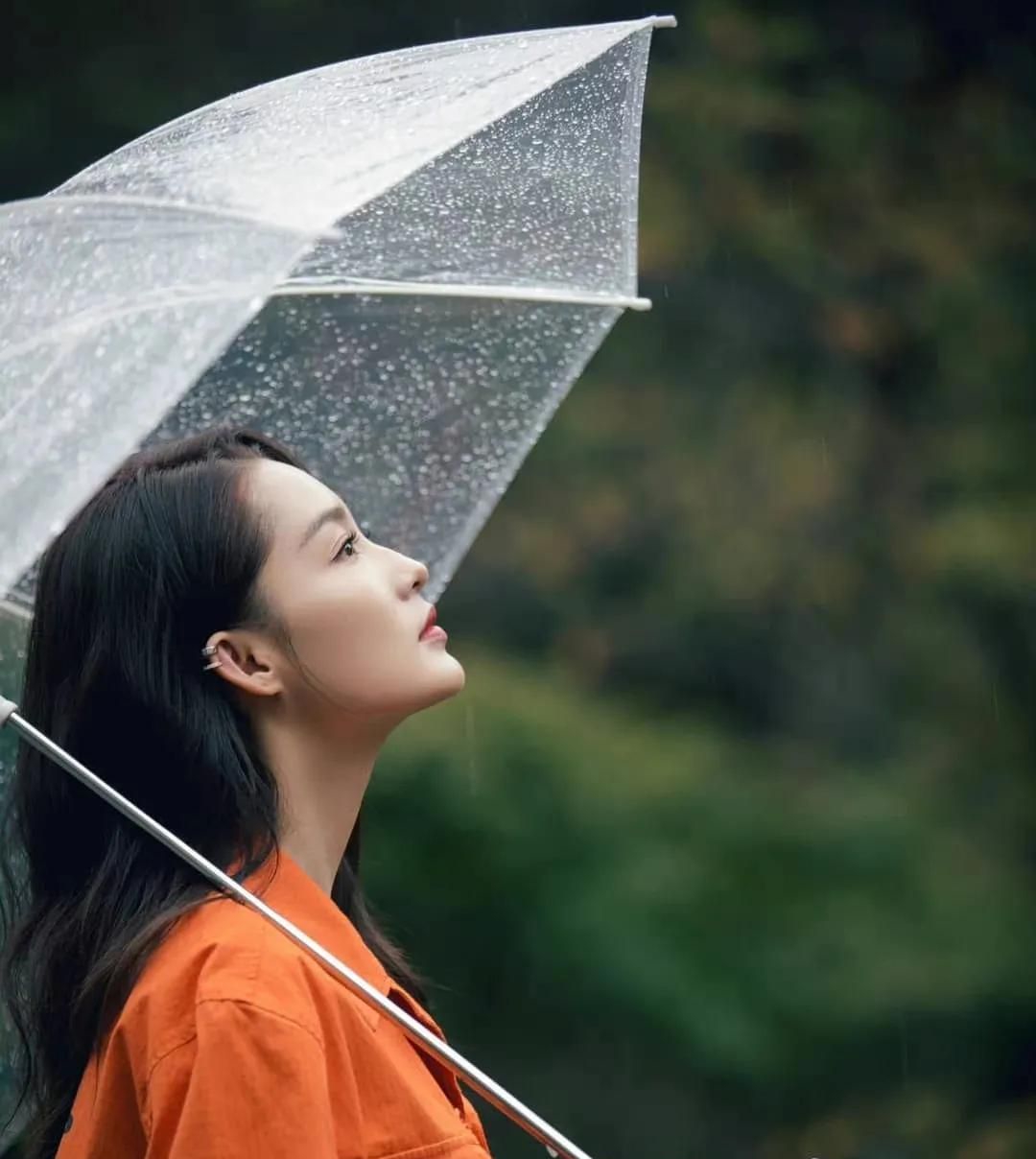 李沁雨中打伞,漫步在森林中,楚楚动人!